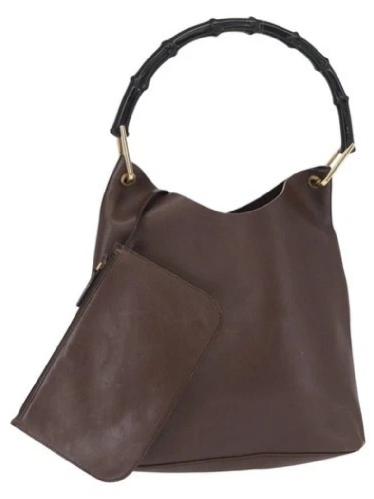 Gucci Bamboo Shoulder Bag Leather Dark Brown Gold 001 1553 1880 Auth 163296
